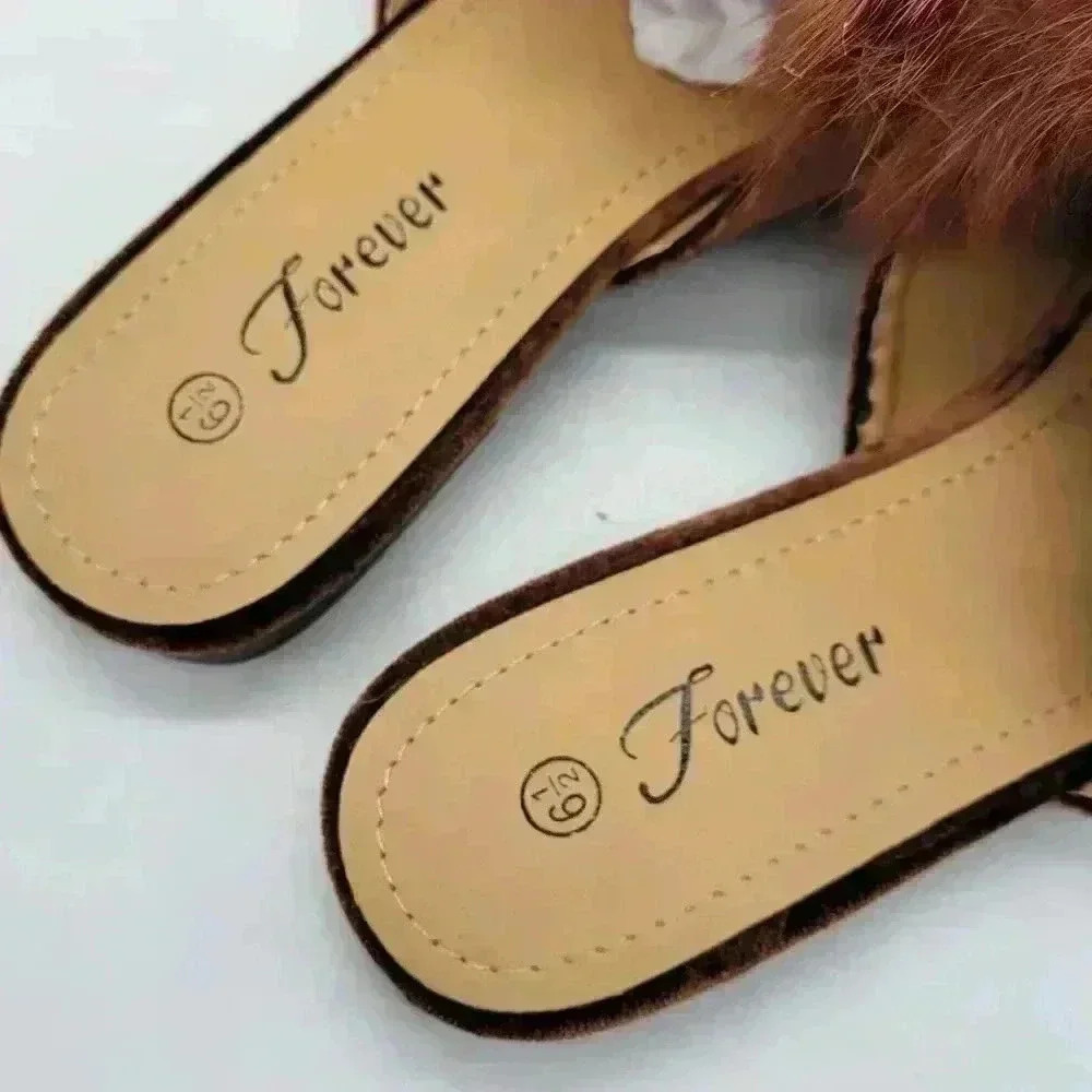 Forever Mule Furry Flat Women's Heel Slip on Slippers Shoes Size 6 1/2 Brown Tan - Picture 7 of 9